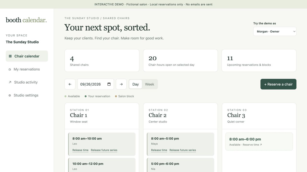 Booth Calendar owner view showing shared chairs, existing reservations and an available chair